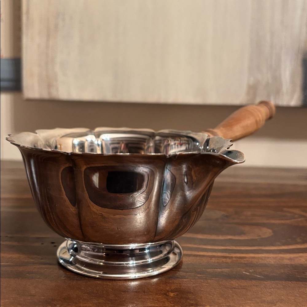 Silverplate/Silver Plate Saucepan W/Spout And Wooden Handle Which Is Removable